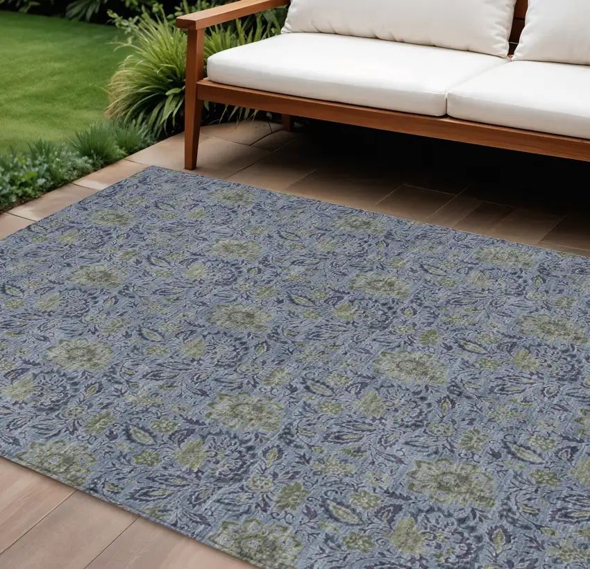 Denim Blue Navy Blue And Gray Floral Washable Indoor Outdoor Area Rug Photo 1