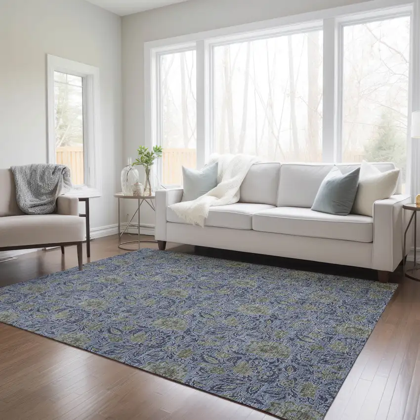 Denim Blue Navy Blue And Gray Floral Washable Indoor Outdoor Area Rug Photo 9
