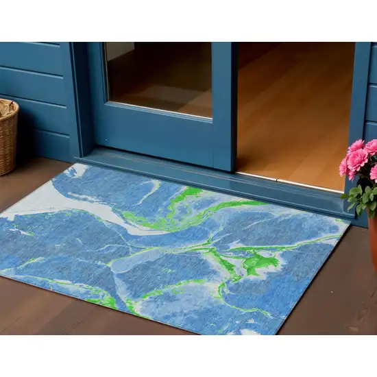 Denim Blue Neon Green And Ivory Abstract Washable Indoor Outdoor Area Rug Photo 1