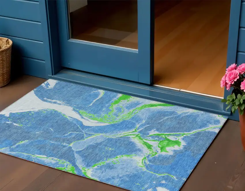Denim Blue Neon Green And Ivory Abstract Washable Indoor Outdoor Area Rug Photo 1