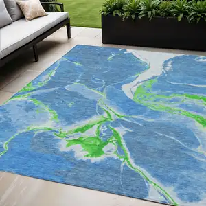 Photo of Denim Blue Neon Green And Ivory Abstract Washable Indoor Outdoor Area Rug