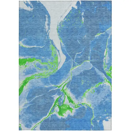 Denim Blue Neon Green And Ivory Abstract Washable Indoor Outdoor Area Rug Photo 7