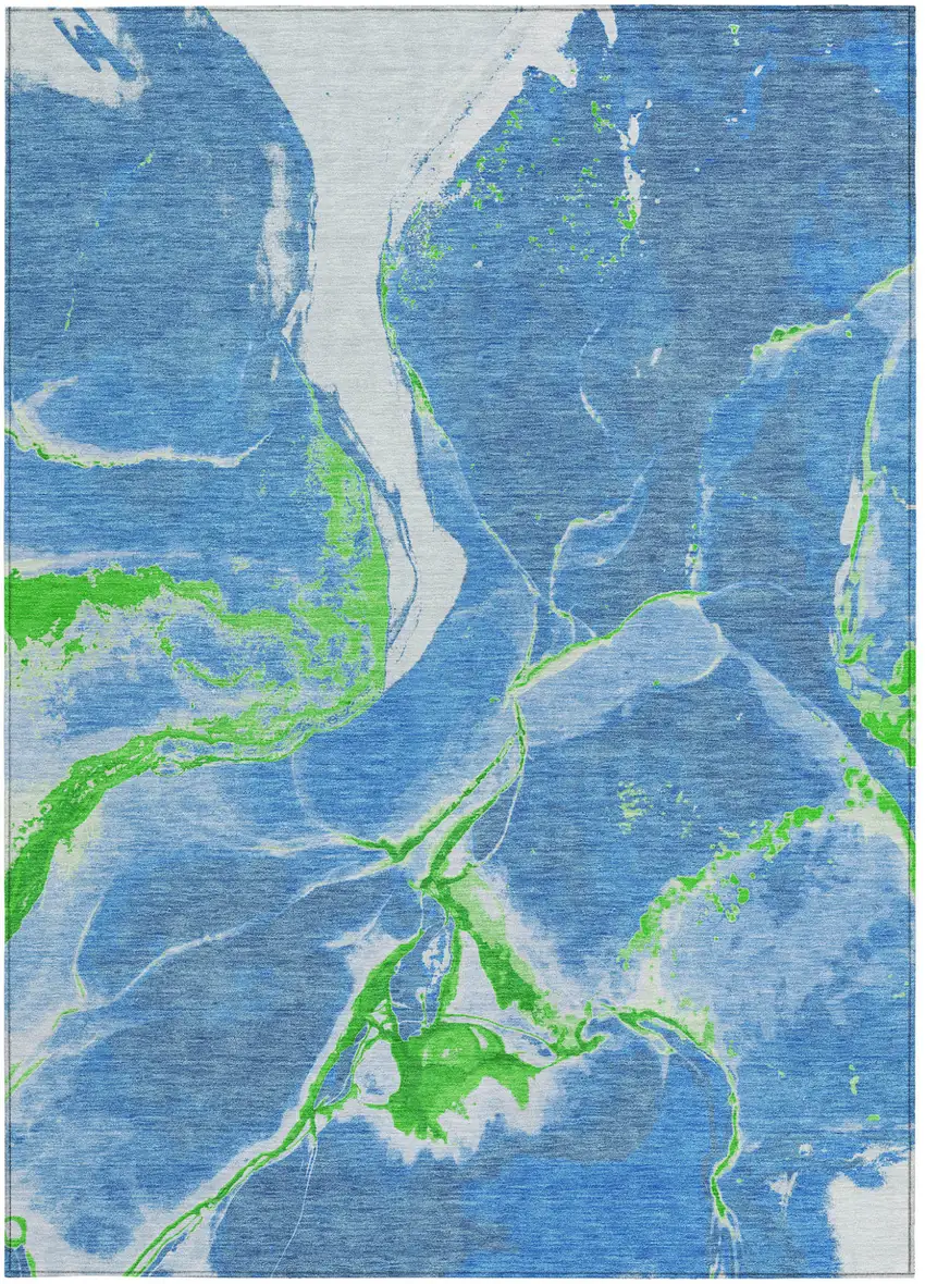 Denim Blue Neon Green And Ivory Abstract Washable Indoor Outdoor Area Rug Photo 7
