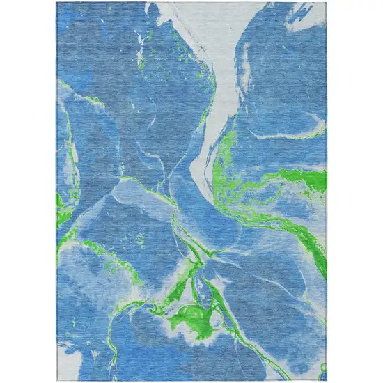 Denim Blue Neon Green And Ivory Abstract Washable Indoor Outdoor Area Rug Photo 2