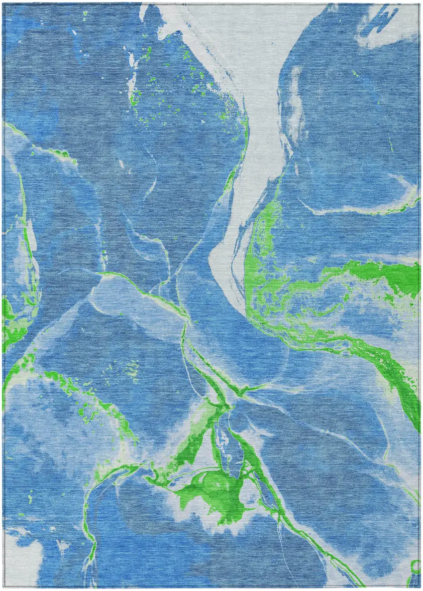 Denim Blue Neon Green And Ivory Abstract Washable Indoor Outdoor Area Rug Photo 2
