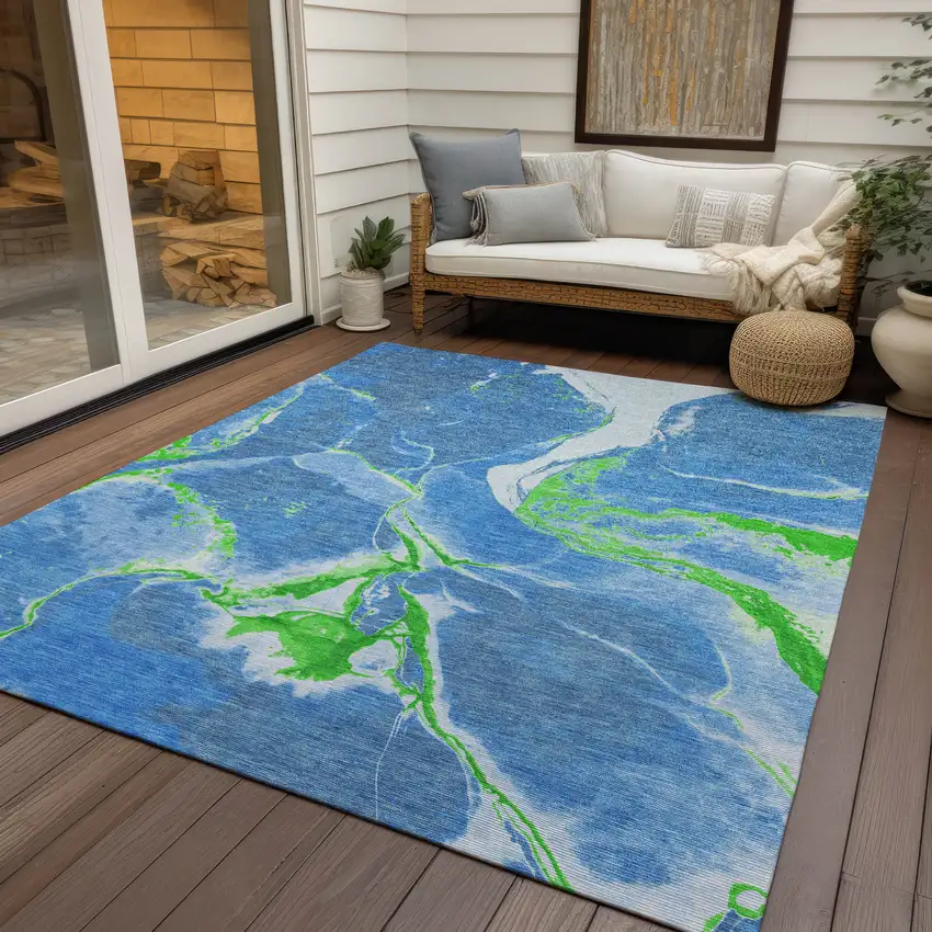 Denim Blue Neon Green And Ivory Abstract Washable Indoor Outdoor Area Rug Photo 8
