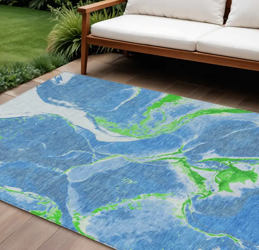 Denim Blue Neon Green And Ivory Abstract Washable Indoor Outdoor Area Rug Photo 1