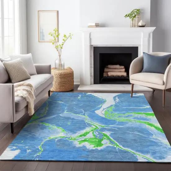 Denim Blue Neon Green And Ivory Abstract Washable Indoor Outdoor Area Rug Photo 9