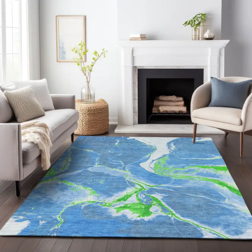 Denim Blue Neon Green And Ivory Abstract Washable Indoor Outdoor Area Rug Photo 9