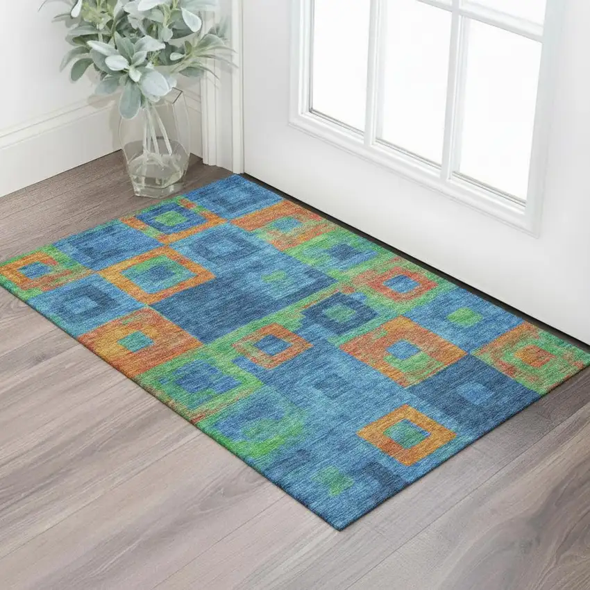Denim Blue Orange And Green Geometric Washable Area Rug With UV Protection Photo 2