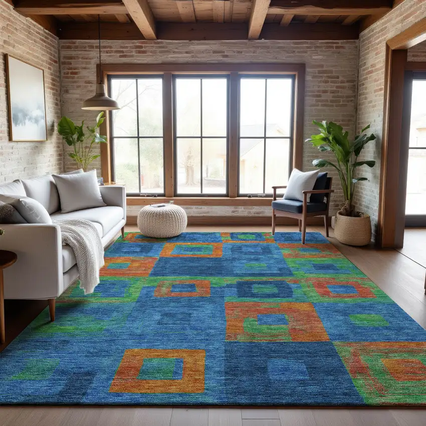 Denim Blue Orange And Green Geometric Washable Area Rug With UV Protection Photo 4