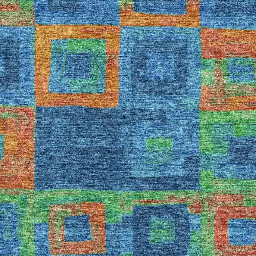 Denim Blue Orange And Green Geometric Washable Area Rug With UV Protection Photo 2