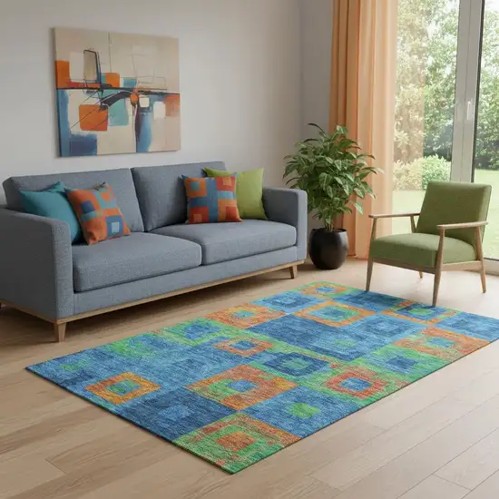 Denim Blue Orange And Green Geometric Washable Area Rug With UV Protection Photo 2