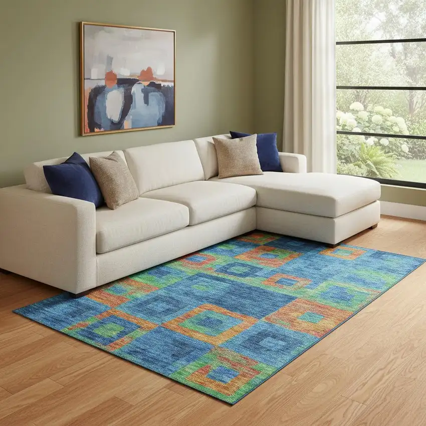 Denim Blue Orange And Green Geometric Washable Area Rug With UV Protection Photo 1