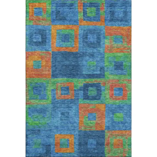 Denim Blue Orange And Green Geometric Washable Area Rug With UV Protection Photo 1