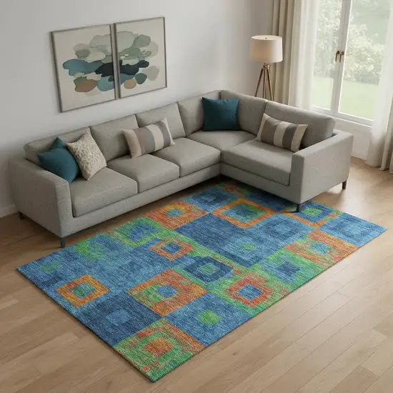 Denim Blue Orange And Green Geometric Washable Area Rug With UV Protection Photo 2