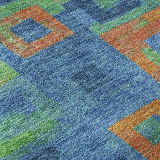 Denim Blue Orange And Green Geometric Washable Area Rug With UV Protection Photo 9