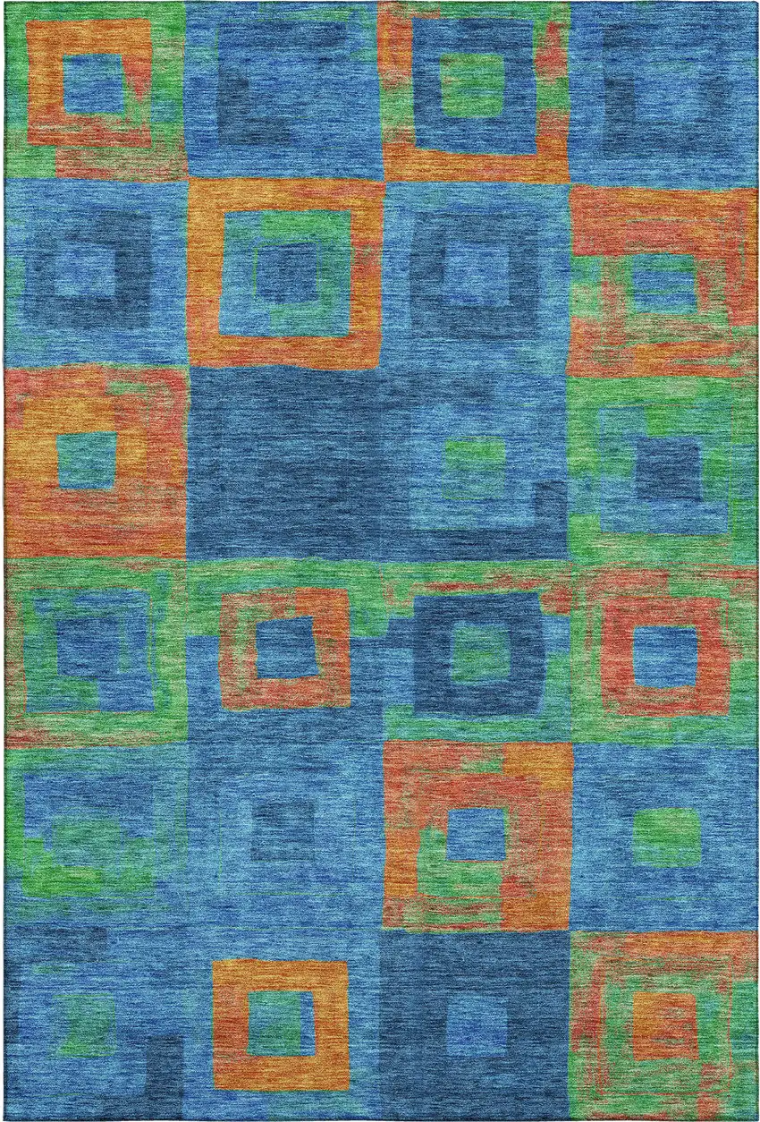 Denim Blue Orange And Green Geometric Washable Area Rug With UV Protection Photo 1