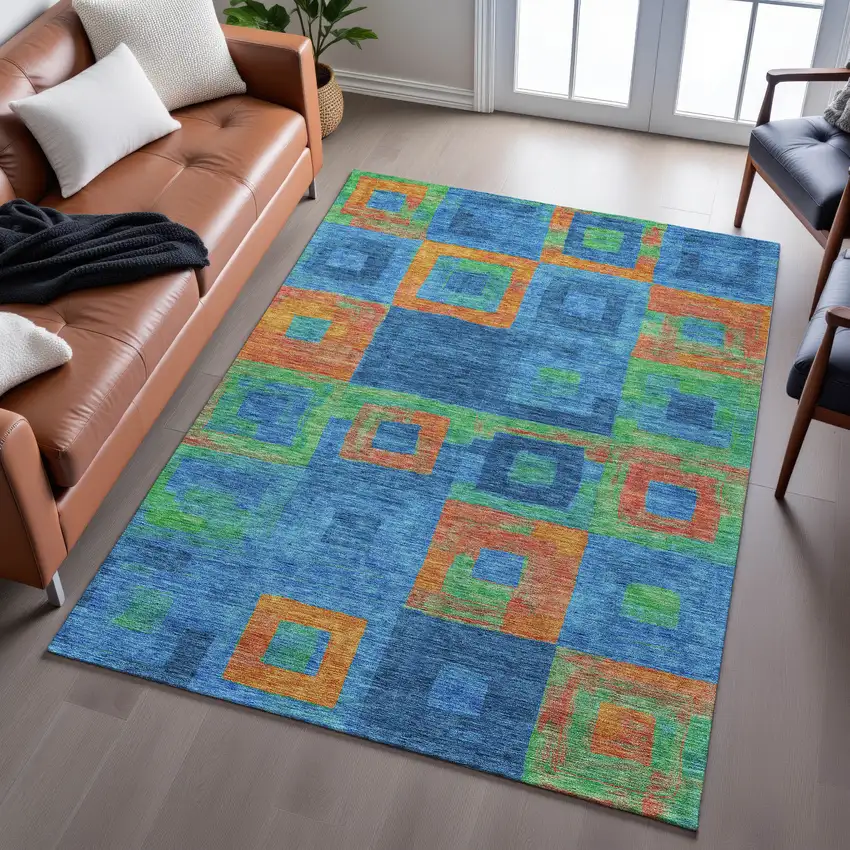 Denim Blue Orange And Green Geometric Washable Area Rug With UV Protection Photo 5