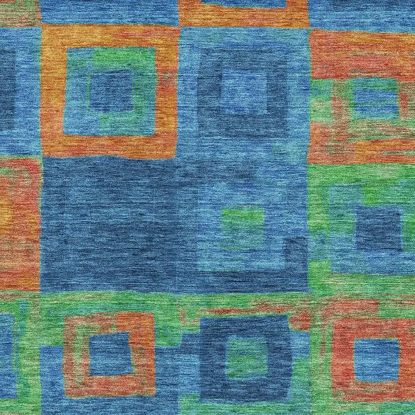 Denim Blue Orange And Green Geometric Washable Area Rug With UV Protection Photo 2