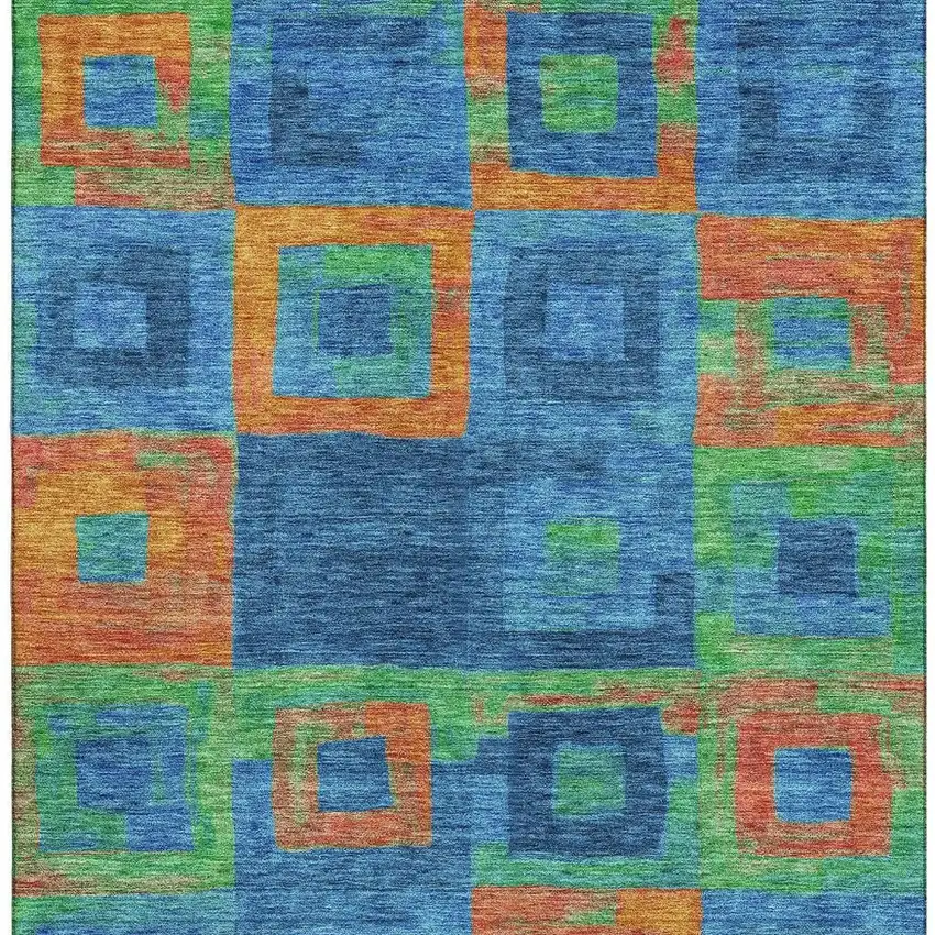 Denim Blue Orange And Green Geometric Washable Area Rug With UV Protection Photo 3