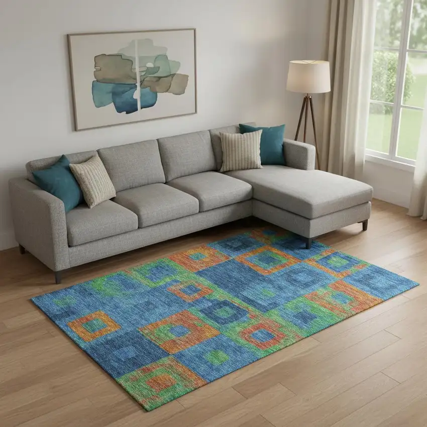 Denim Blue Orange And Green Geometric Washable Area Rug With UV Protection Photo 2