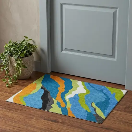 Denim Blue Orange And Lime Green Abstract Washable Area Rug With UV Protection Photo 1