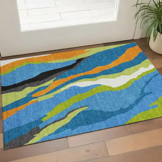 Denim Blue Orange And Lime Green Abstract Washable Area Rug With UV Protection Photo 1