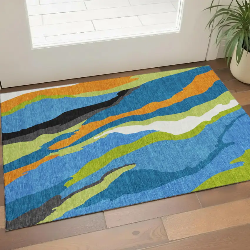 Denim Blue Orange And Lime Green Abstract Washable Area Rug With UV Protection Photo 1