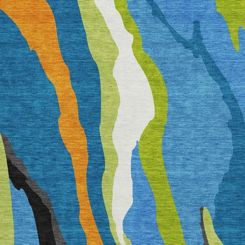 Denim Blue Orange And Lime Green Abstract Washable Area Rug With UV Protection Photo 6