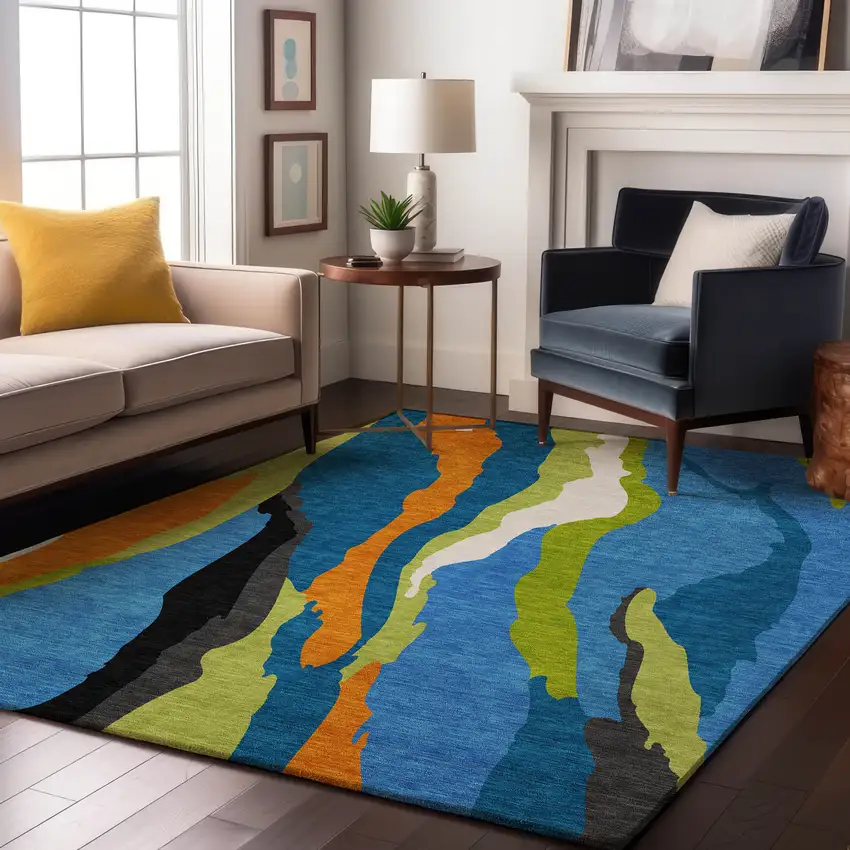 Denim Blue Orange And Lime Green Abstract Washable Area Rug With UV Protection Photo 2