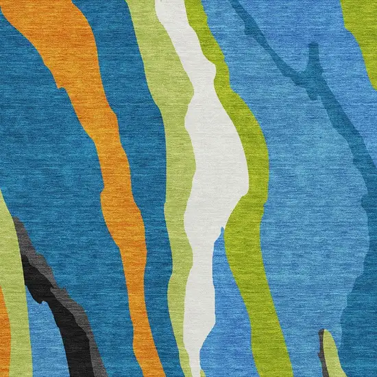 Denim Blue Orange And Lime Green Abstract Washable Area Rug With UV Protection Photo 3