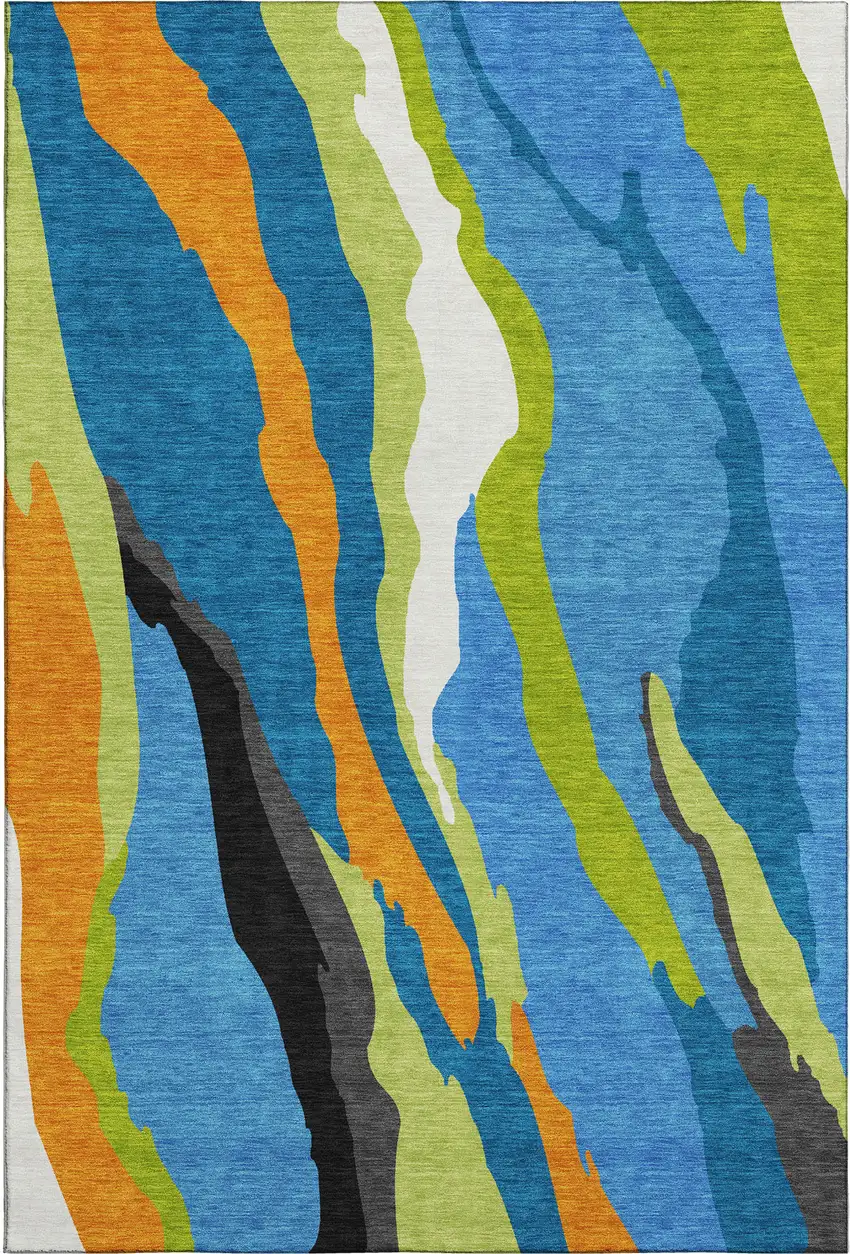Denim Blue Orange And Lime Green Abstract Washable Area Rug With UV Protection Photo 3