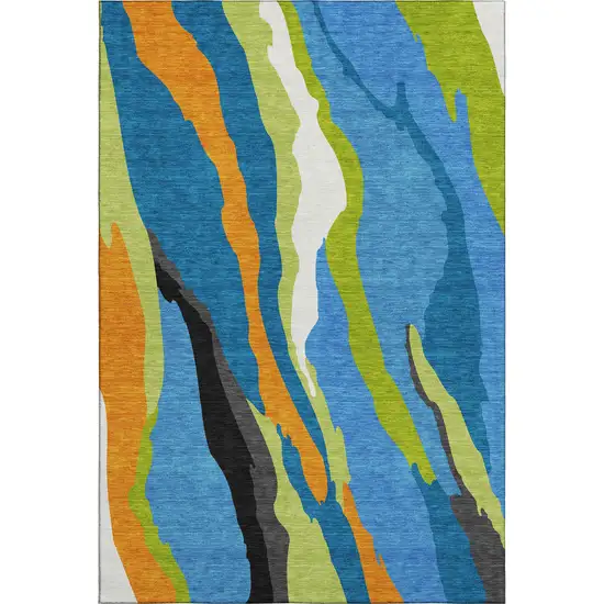 Denim Blue Orange And Lime Green Abstract Washable Area Rug With UV Protection Photo 3