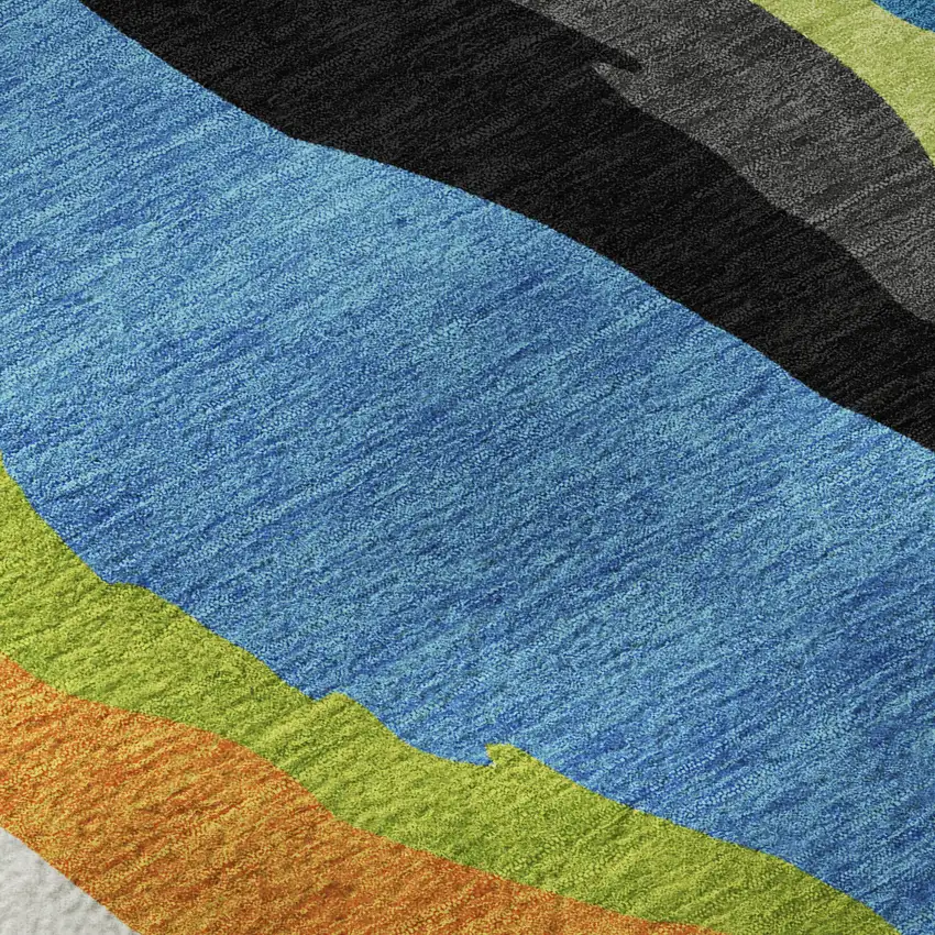 Denim Blue Orange And Lime Green Abstract Washable Area Rug With UV Protection Photo 7