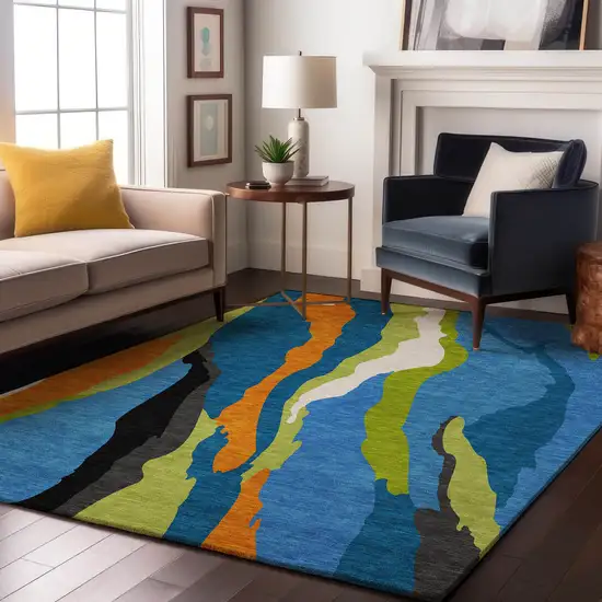 Denim Blue Orange And Lime Green Abstract Washable Area Rug With UV Protection Photo 2