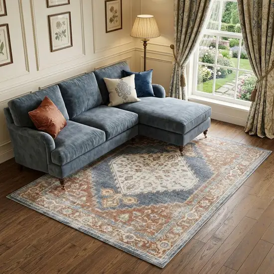 Denim Blue Oriental Power Loom Distressed Washable Area Rug Photo 1