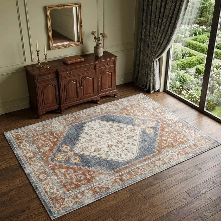 Denim Blue Oriental Power Loom Distressed Washable Area Rug Photo 1