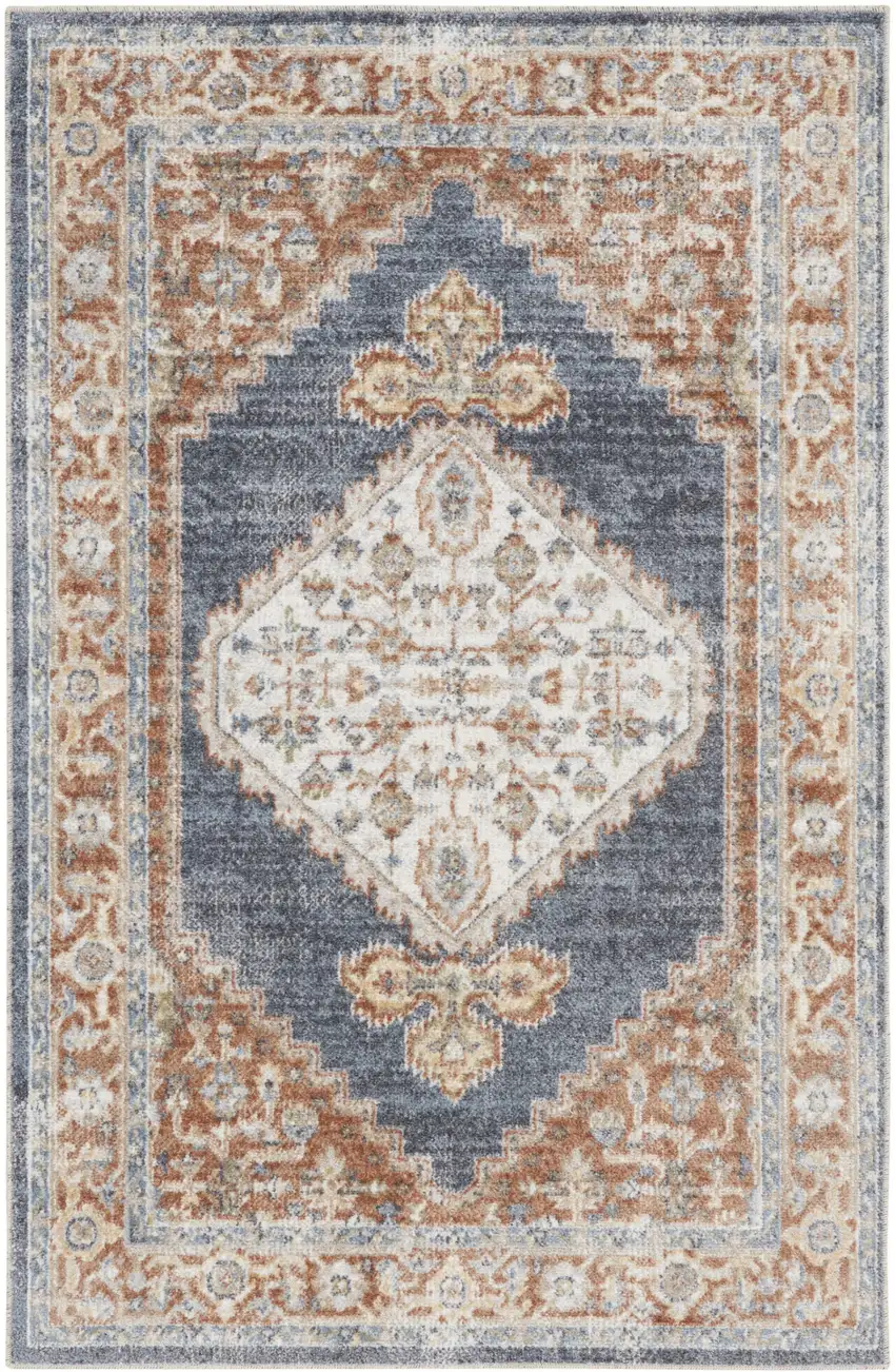 Denim Blue Oriental Power Loom Distressed Washable Area Rug Photo 1