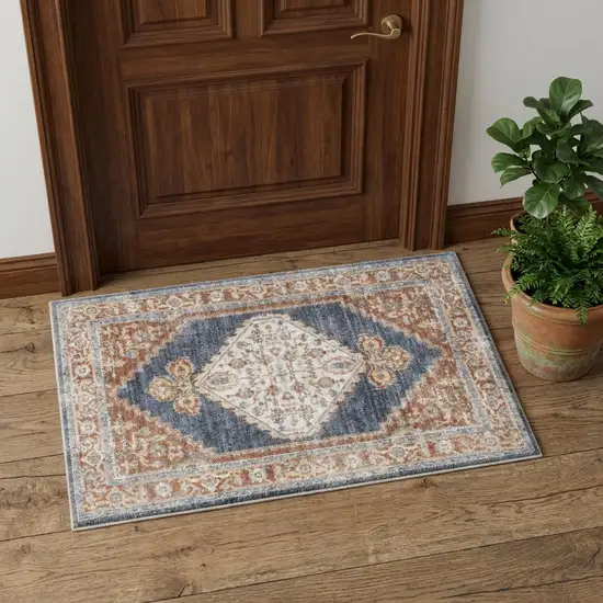 Denim Blue Oriental Power Loom Distressed Washable Area Rug Photo 1