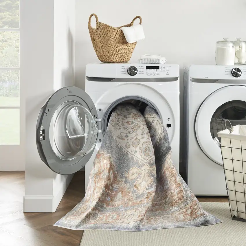 Denim Blue Oriental Power Loom Distressed Washable Area Rug Photo 5