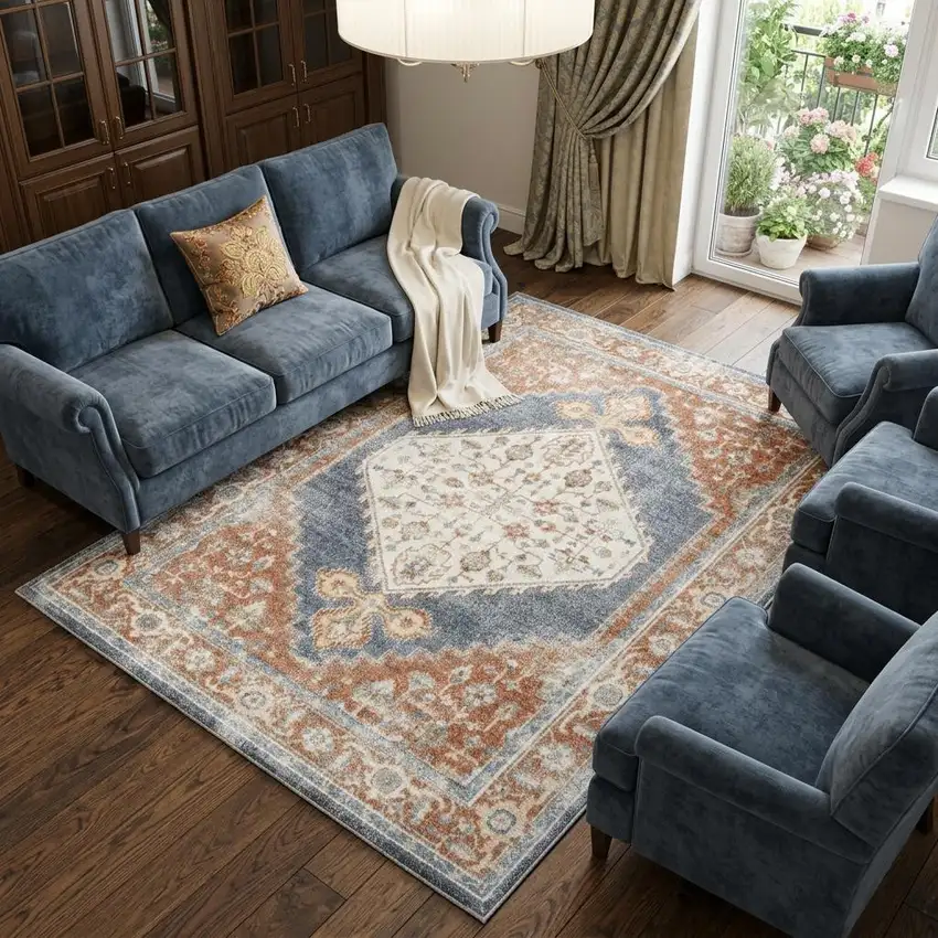 Denim Blue Oriental Power Loom Distressed Washable Area Rug Photo 1