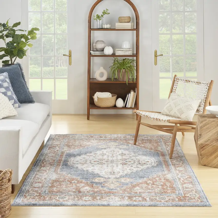 Denim Blue Oriental Power Loom Distressed Washable Area Rug Photo 2
