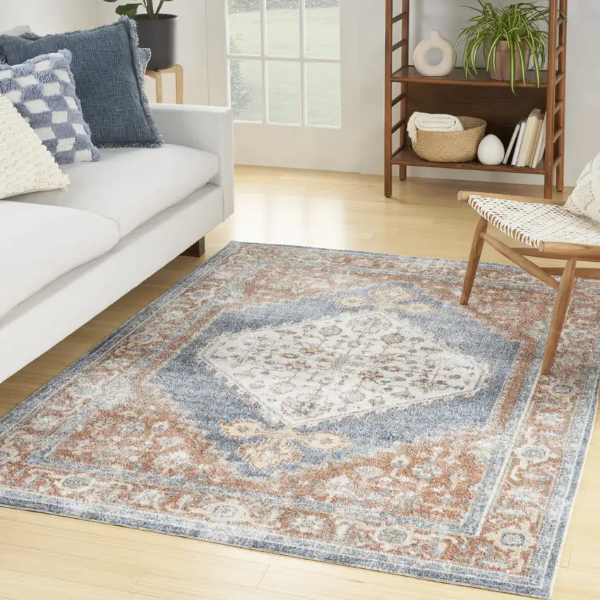 Denim Blue Oriental Power Loom Distressed Washable Area Rug Photo 1