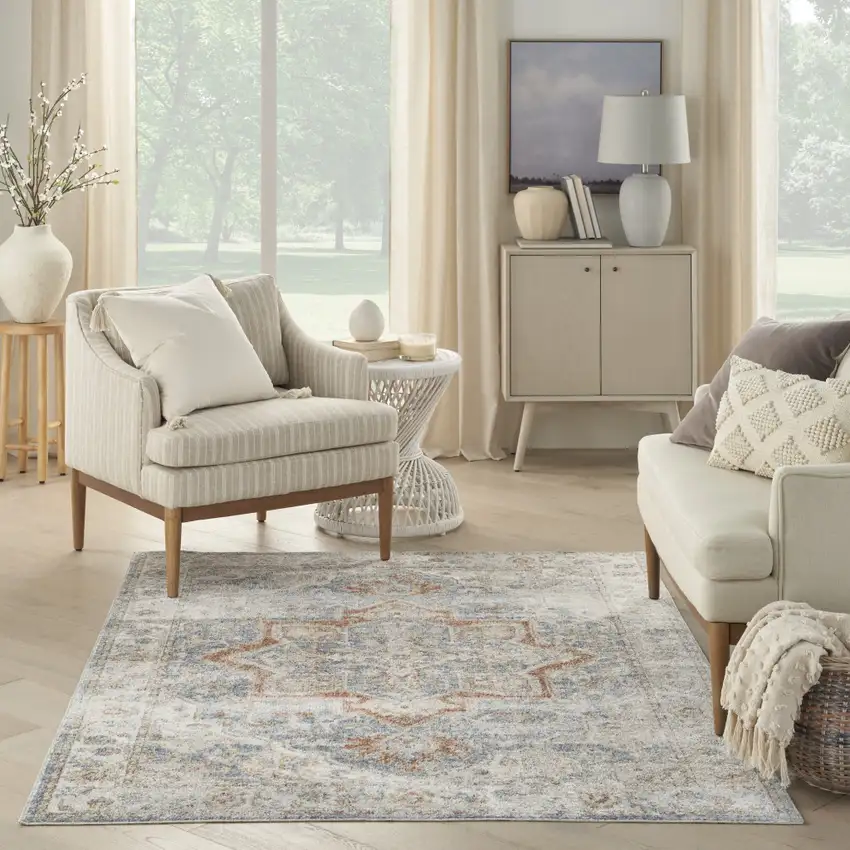 Denim Blue Oriental Power Loom Washable Area Rug Photo 1