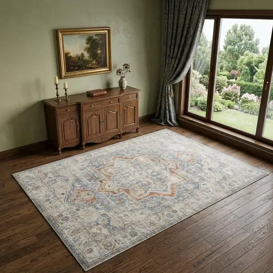 Denim Blue Oriental Power Loom Washable Area Rug Photo 1