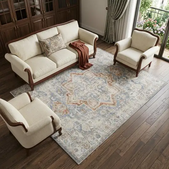 Denim Blue Oriental Power Loom Washable Area Rug Photo 1
