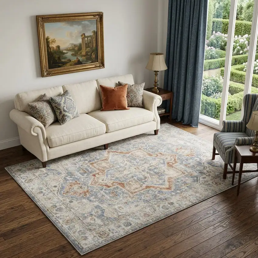 Denim Blue Oriental Power Loom Washable Area Rug Photo 1