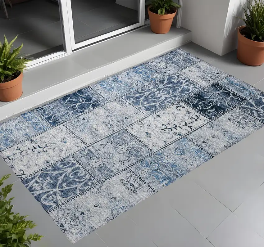 Denim Blue Patchwork Washable Non Skid Indoor Outdoor Area Rug Photo 1