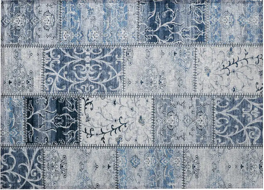 Denim Blue Patchwork Washable Non Skid Indoor Outdoor Area Rug Photo 5